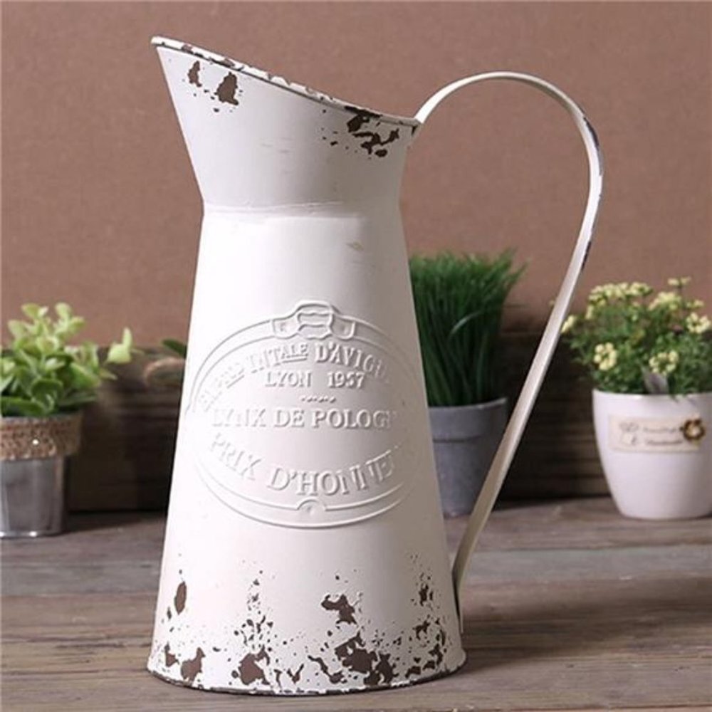 Shabby Chic Large Metal Jug Flower Pitcher Vase